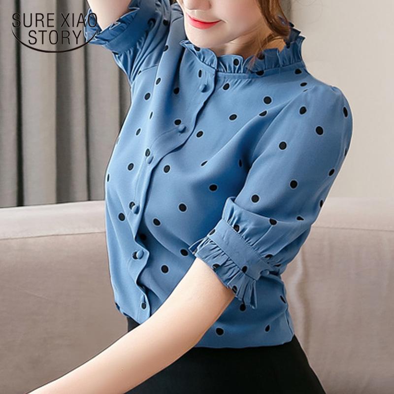 

Women's Blouses & Shirts Women Tops Dot Printed Fashion Korean Blue Pink Short Sleeves Blouse 2022 Chiffon Shirt Summer 5700 50, White