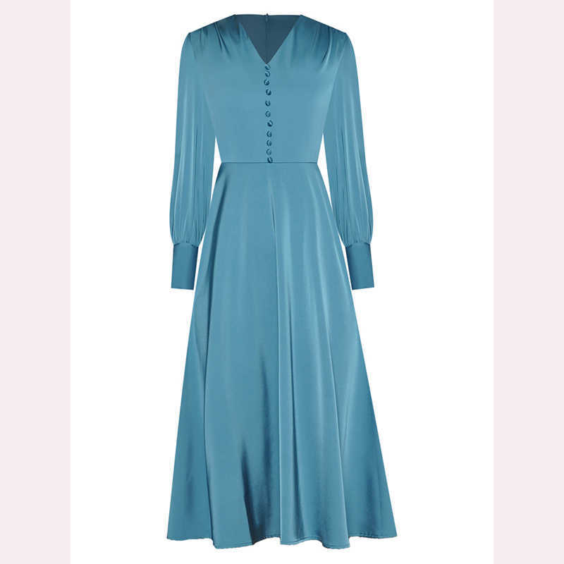 

HIGH QUALITY est Fashion V-Neck Lantern Long Sleeve Solid Color Simple Dress 210526, Blue