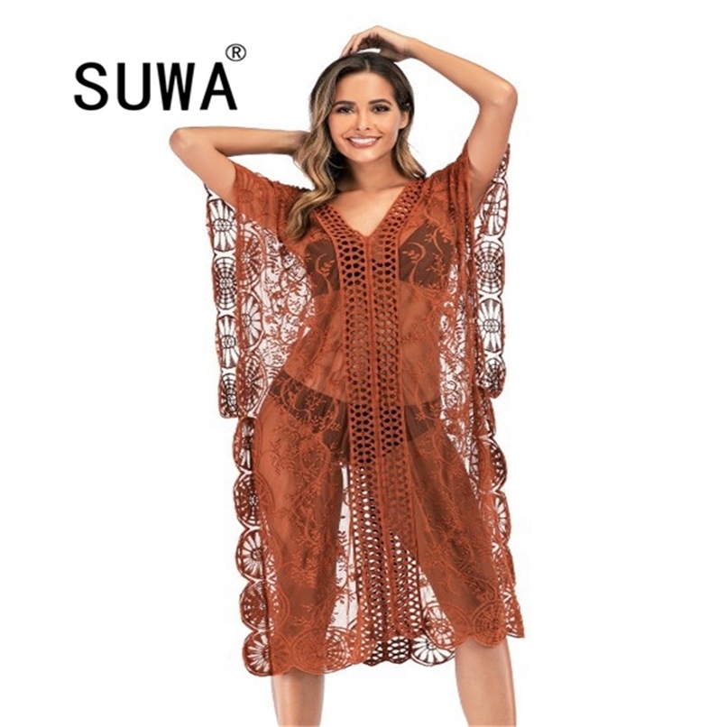 

Fashion Casual Hollow-Out Loose Solid Women Beach Bikini Cover Up Top Swim Short Wrap Sarong Beachwear Sun Dress Summer Clothes 210525, Purple