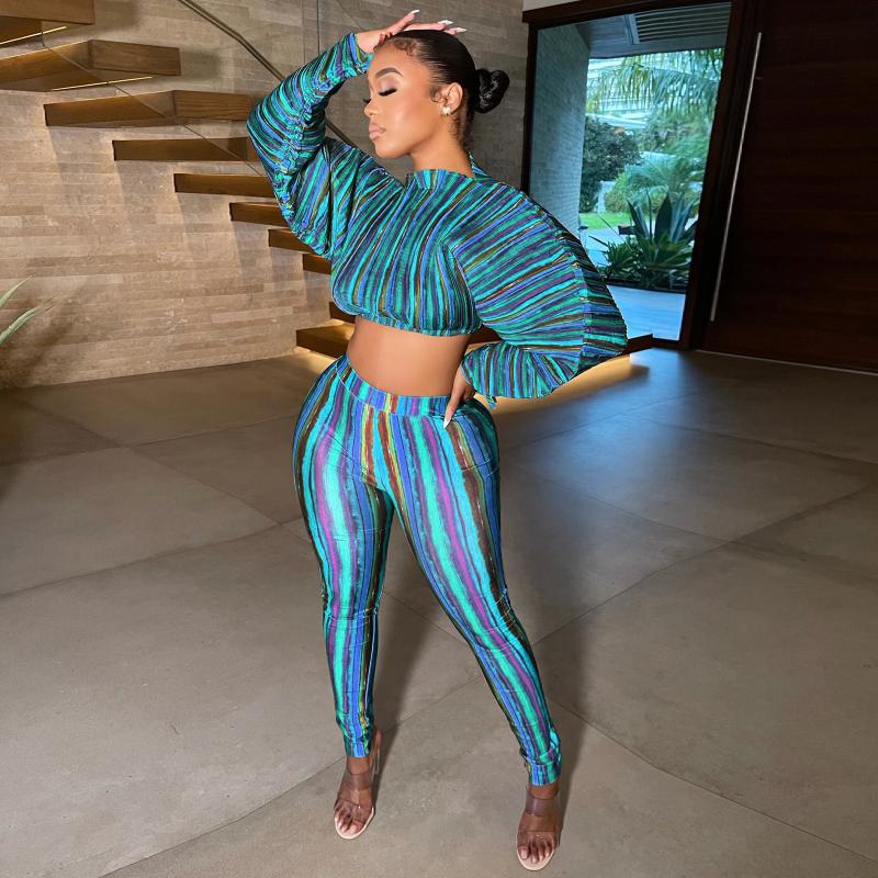 

Women' Two Piece Pants 2021 Quality 2 Pcs Women Set Striped O-neck Short Tops Long Autumn Sexy Outfits Streetwear Tracksuit, Blue