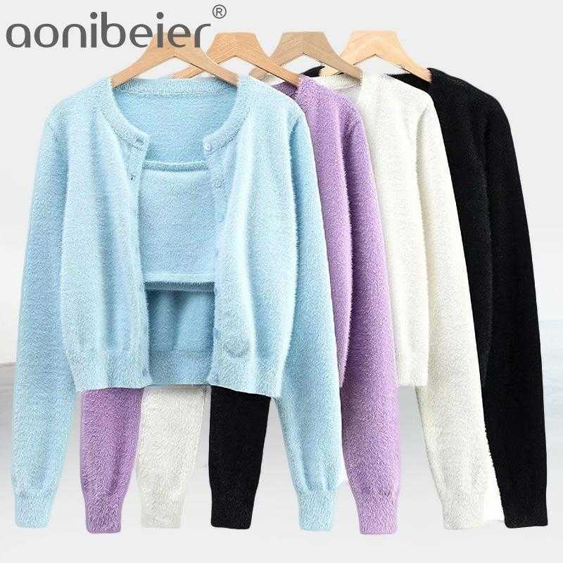 

Spring Mohair Cardigan Sets Basic Sling Vest + Logn Sleeve O-neck Single Breasted Coat Women Outfits 2 Pieces 210604, Purple