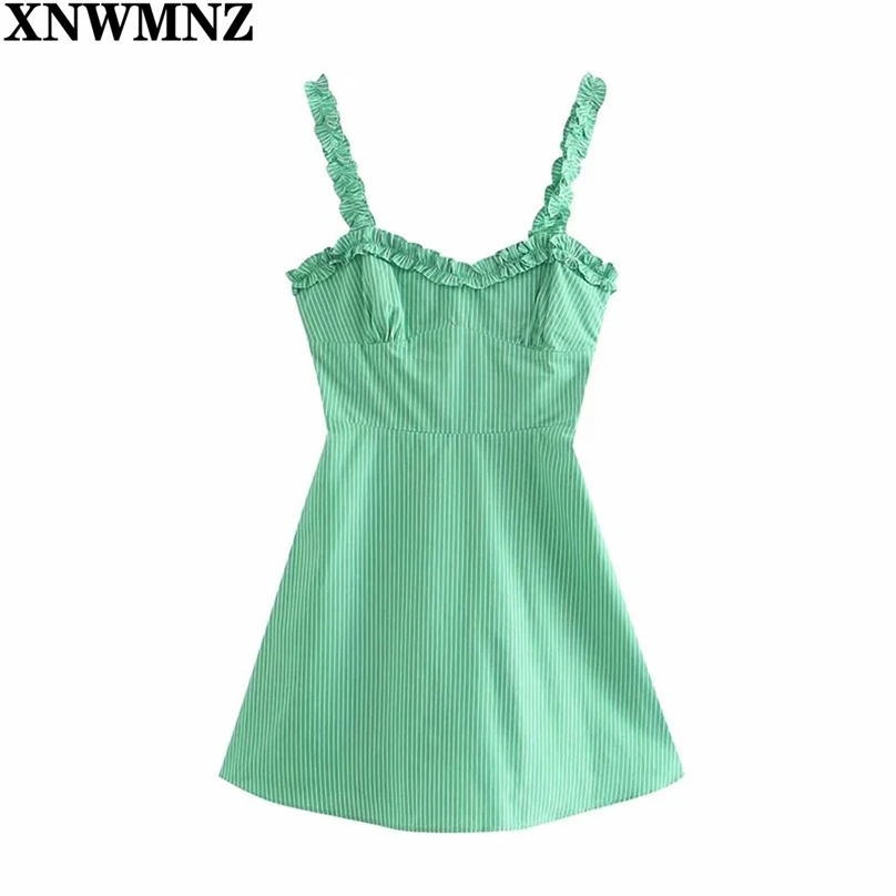 

women Vintage striped poplin dress Woman pleated straps v neck back smocked elastic short dresses robe femme ete 210520, Green