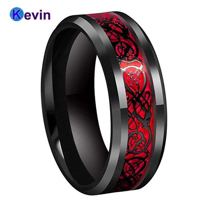 

Black Mens Wedding Ring Dragon Tungsten Carbide With Red Opal And Inlay 210701