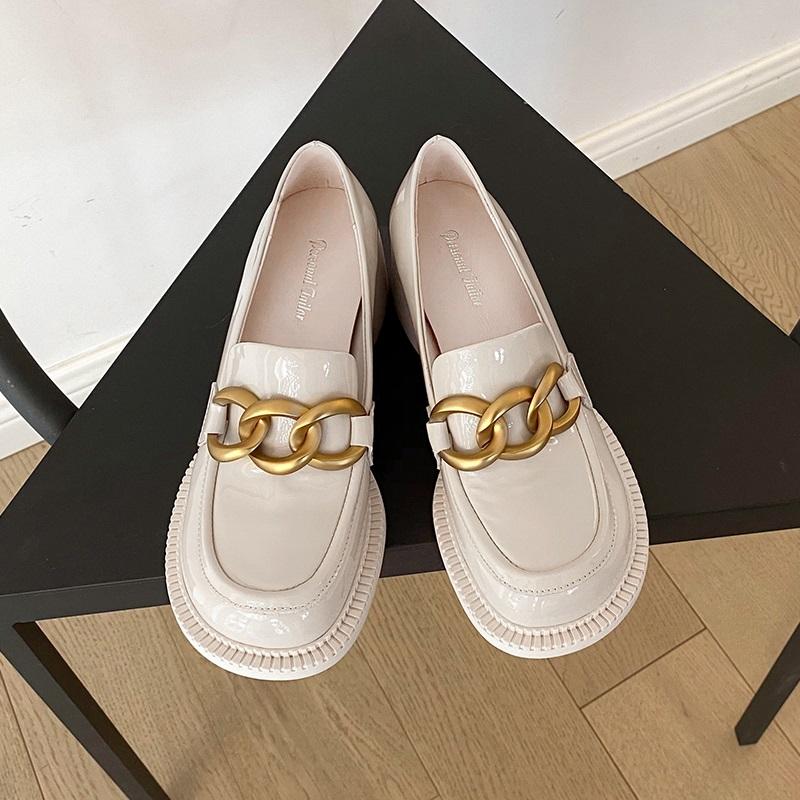 

Dress Shoes MEZEREON Ladies Slip On Women Loafers Square Heels 5.5 CM Round Toe Cow Leather Pumps With Chains Simple Design, Beige