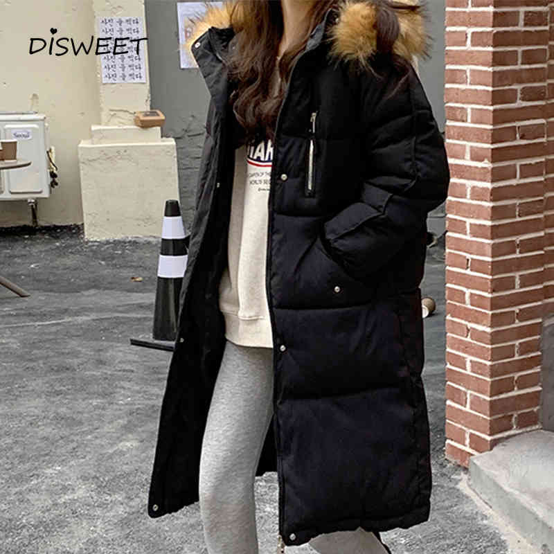 

down down Fur Collar Woman Korean Long Sleeve Thick Solid Women Simplicity Winter Warm Slim Women's Parkas, Black