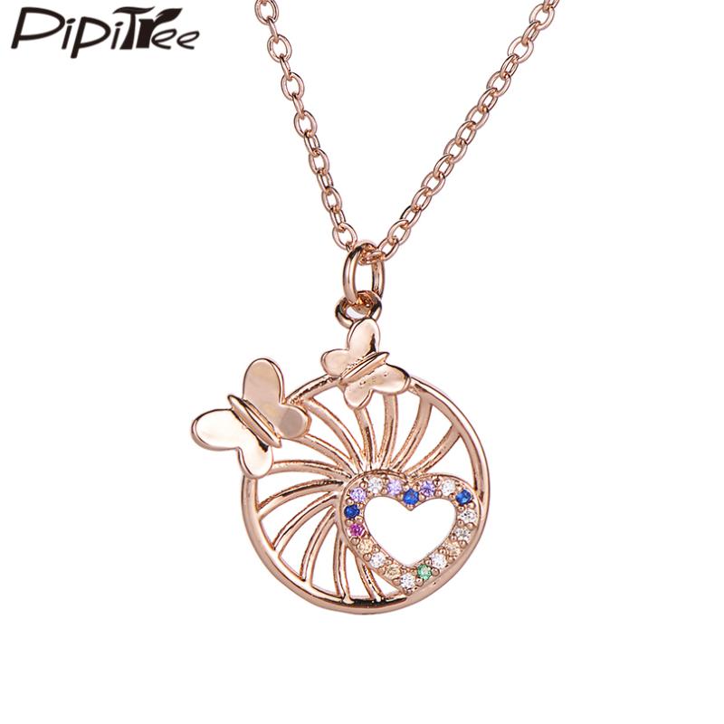 

Pendant Necklaces Pipitree Round Charm With Heart Butterfly Necklace CZ Jewelry Copper Rose Gold Chain For Women Girls Birthday Gift