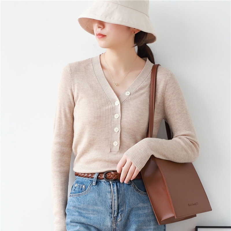 

Autumn And Winter Fashion Knit Sweater Slim Slimming All-match Wool V-neck Button Pit Women 210520, Pink