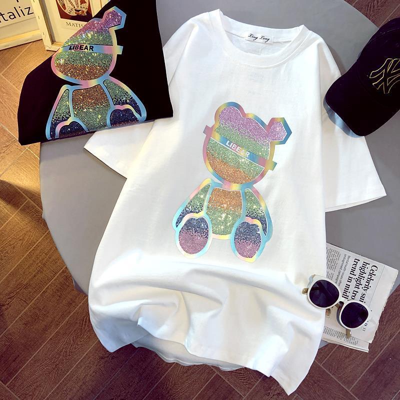 

Women's T-Shirt Harajuku Color Diamond Cartoon Bear Printed Casual Loose Oversize Korean Style 2021 Summer Short Sleeve Women Top Y2k Aesthe