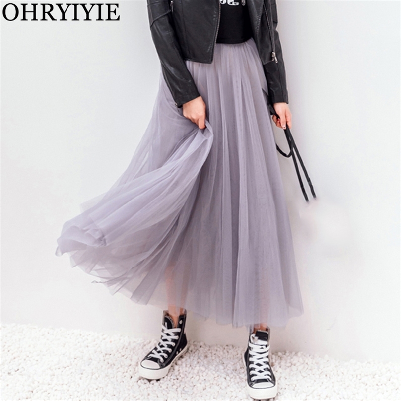 

OHRYIYIE Spring Summer Vintage Tulle Skirt Women Elastic High Waist Mesh  Long Pleated Tutu Female Jupe Longue 210629, White