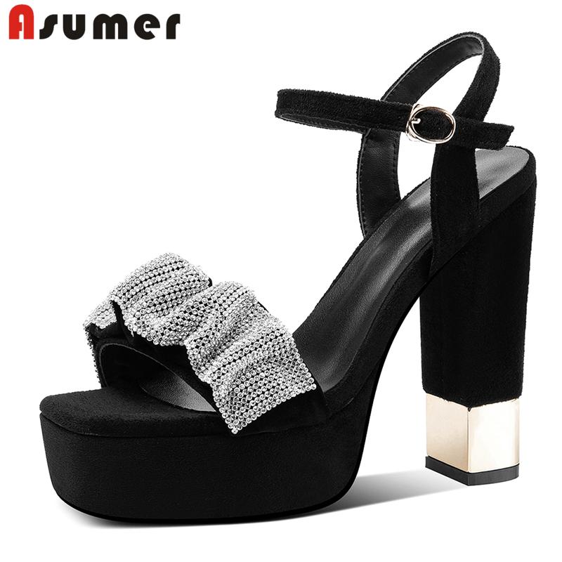

Sandals Asumer Brand Suede Women Shoes Rhinestone Platform Thick High Heels Buckle Summer Ladies Party Wedding, Black