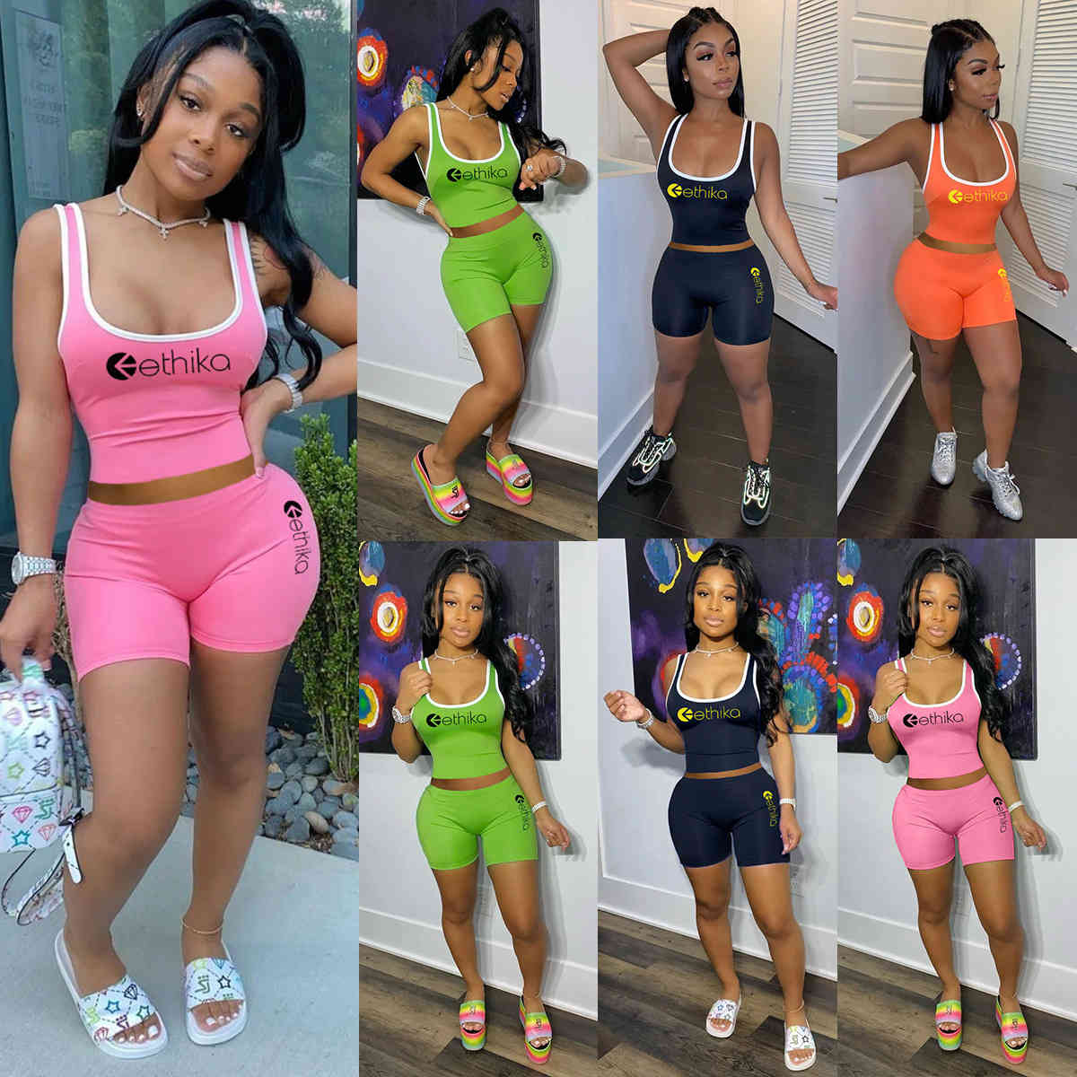 

Women Tracksuits Ethika Fashion Crop Top Vest + Shorts Two Piece Sets Designer U Neck Casual Top Selling Slim Sportswear Outfits, Orange