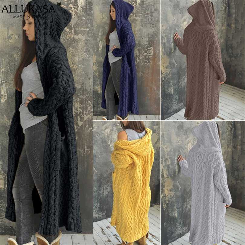 

Allukasa Women' Cardigan Sweater Coat Solid Color Long Sleeve Knit Hooded Overcoat Loose Elegant Plus Size Ladies Warm Sweaters 211018, Coffee