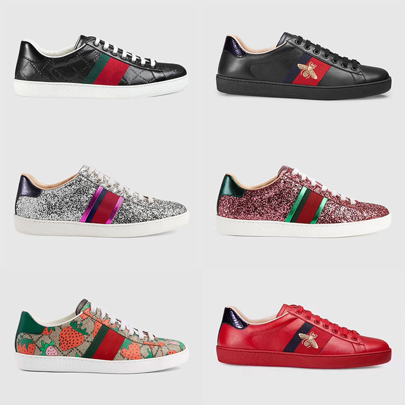 

Luxurys Designers Shoes Flats Loafers Men Women Sneakers Casual Shoe Bee Chaussures Leather Sneaker Ace Embroidery Stripes Walking Sports Trainers, Black