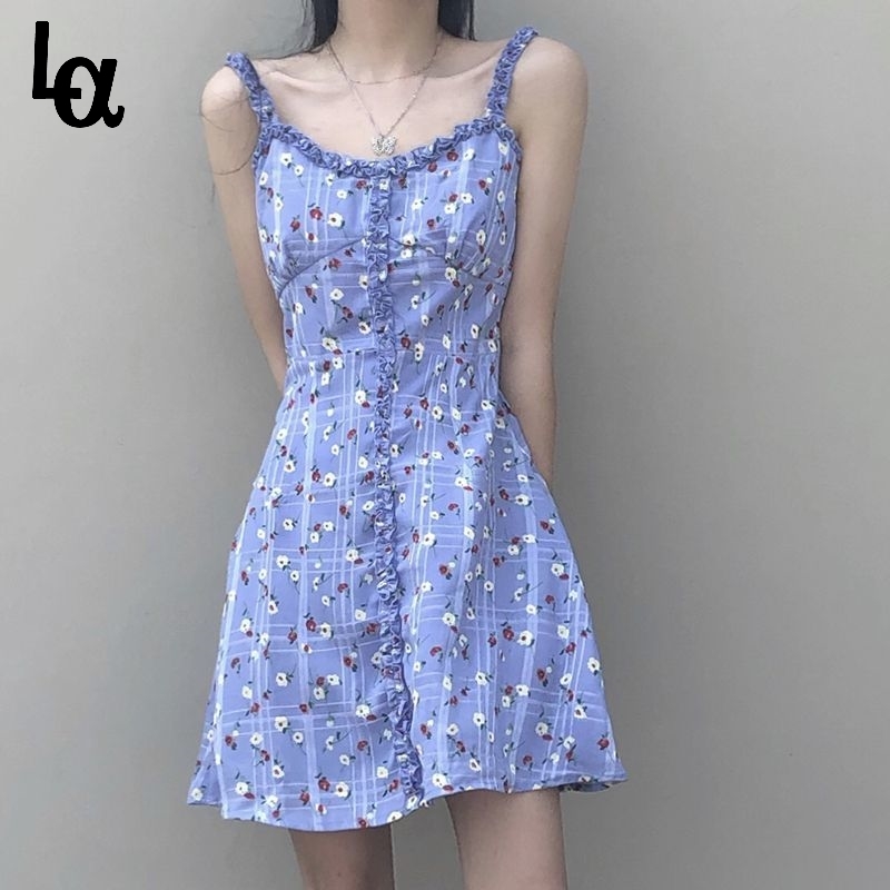 

Sweet Floral Print Sling Dress Women Korean Sexy Elegant Cute Ruffled Mini High Street Beach Summer 210519, Floral dress