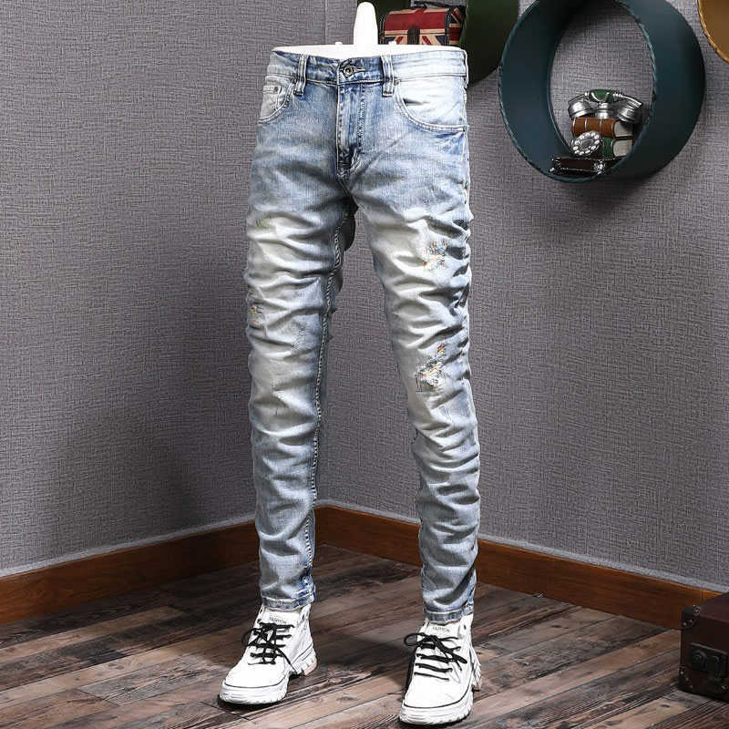 

Street Style Fashion Men Jeans Retro Light Blue Elastic Slim Fit Frayed Ripped Embroidery Designer Hip Hop Denim Pants