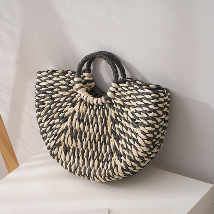 

New round bucket semicircle straw bag handmade pure color woven basket rattan handbag, Split