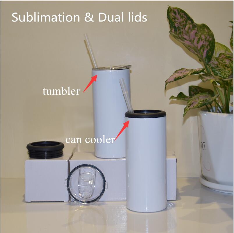 

15oz Dual Lids Sublimation Skinny Can Cooler Tumbler 355ml Straight Tumblers with straw Stainless Steel vacuum insulated Cold storage tank for cola bottle, White