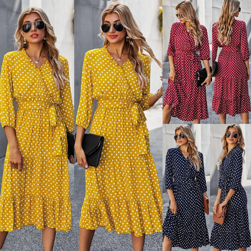 

Women's polka dot print dress Women casual Dresses ruffle Long Sleeve, Dark blue