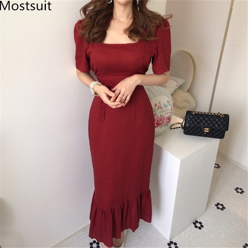 

Summer Solid Korean Vintage Sashes Long Mermaid Dress Women Short Sleeve Squre Collar Fashion Elegant Party Dresses Vestido 210518, Apricot
