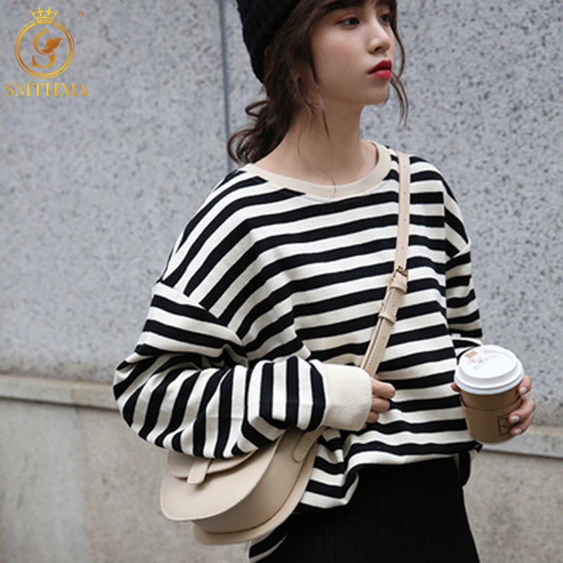 

Spring Autumn Women Sweatshirts Lady Lazy Style Striped Long-Sleeved Korean Loose Tops 210520, Photo color