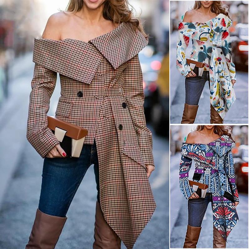 

Women' Jackets Sexy Off Shoulder Jacket Slack Checked Irregular Cape Lapel Plaid Cool Slim Autumn 2021 Lady Elegant Wear, White