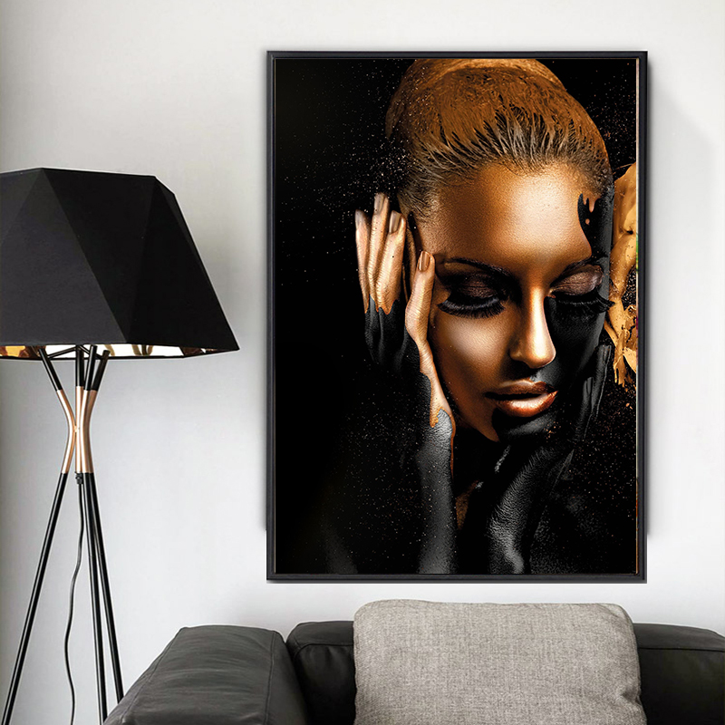 

Black Art Girl Golden Canvas Paintings For Living Room Modern Art Prints Figure Pictures Posters and Prints Unframed