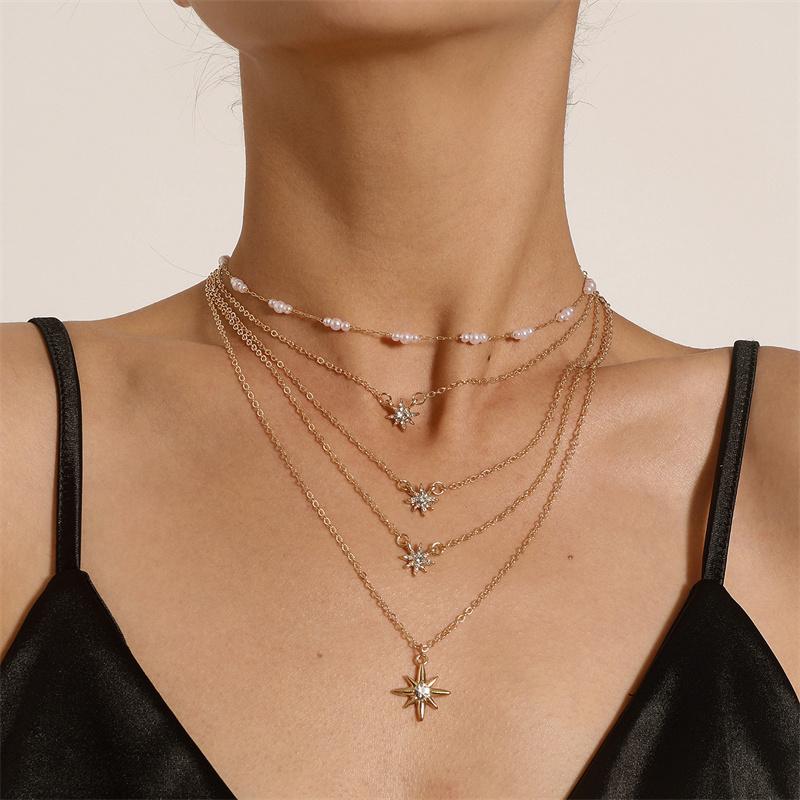 Chaînes Rheinstone Crystal Stars Météor Pendentif Colliers MultiLayers Perle Cuker Chaîne Femelle Boho Vintage Bijoux Bijoux cadeau de mariage