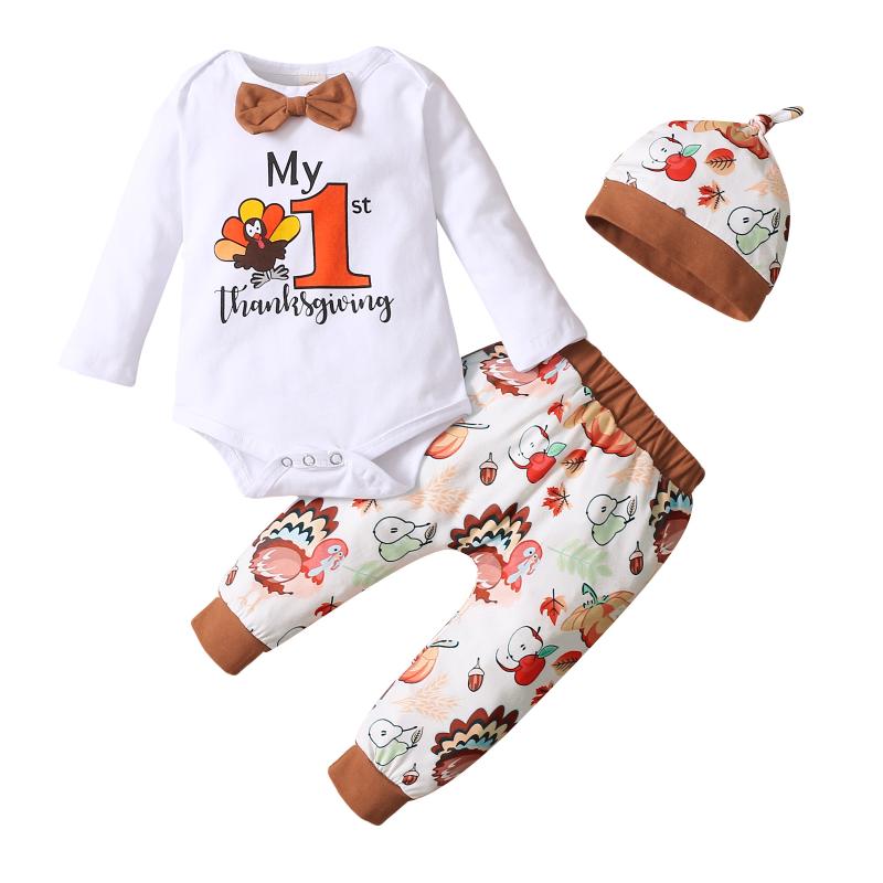 

Clothing Sets Thanksgiving Day Baby Girls Boys Outfit Long Sleeve Round Collar Letter Romper Chicken Fruit Printing Pants Cap, White