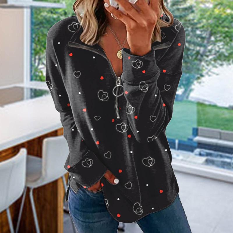

Women's Blouses & Shirts Heart Printing Blouse Womens Autumn Casual Zipper Long Sleeve Lapel Shirt Tops Vintage Oversized Streetwear Pullove, White