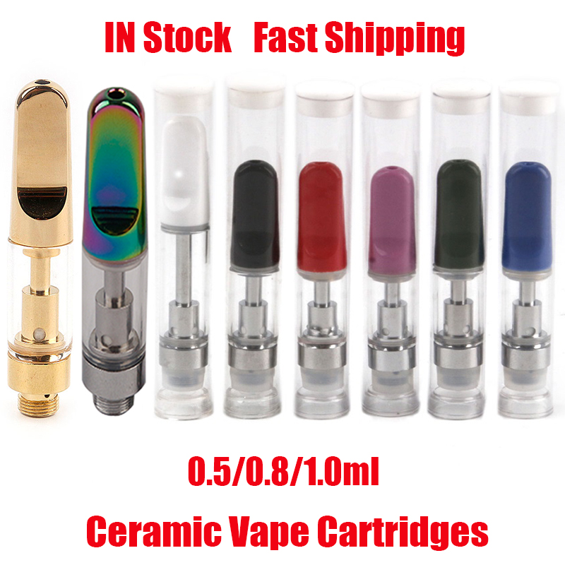 

Gold Ceramic Coil Vapes Cartridge Atomizer 0.5ml 0.8ml 1.0ml Glass Tank Thick Oil Carts Flat Drip Tip For 510 Thread Preheat Battery Vape Pen Kit