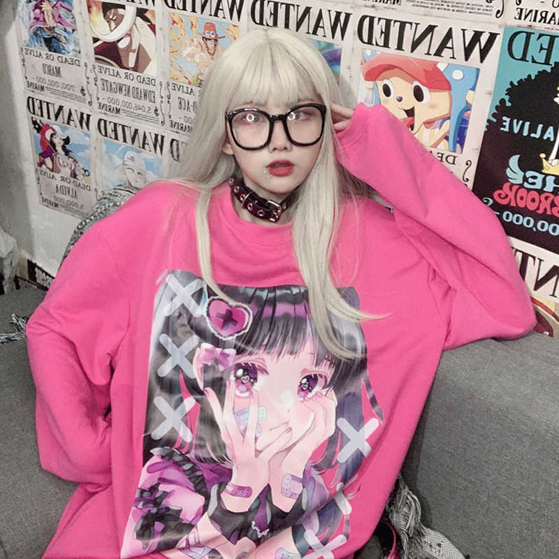 

Japanese cartoon print gothic autumn punk casual ins Ulzzang female long-sleeved vintage plus size hip-hop Harajuku sweatshirt 210608, Pink