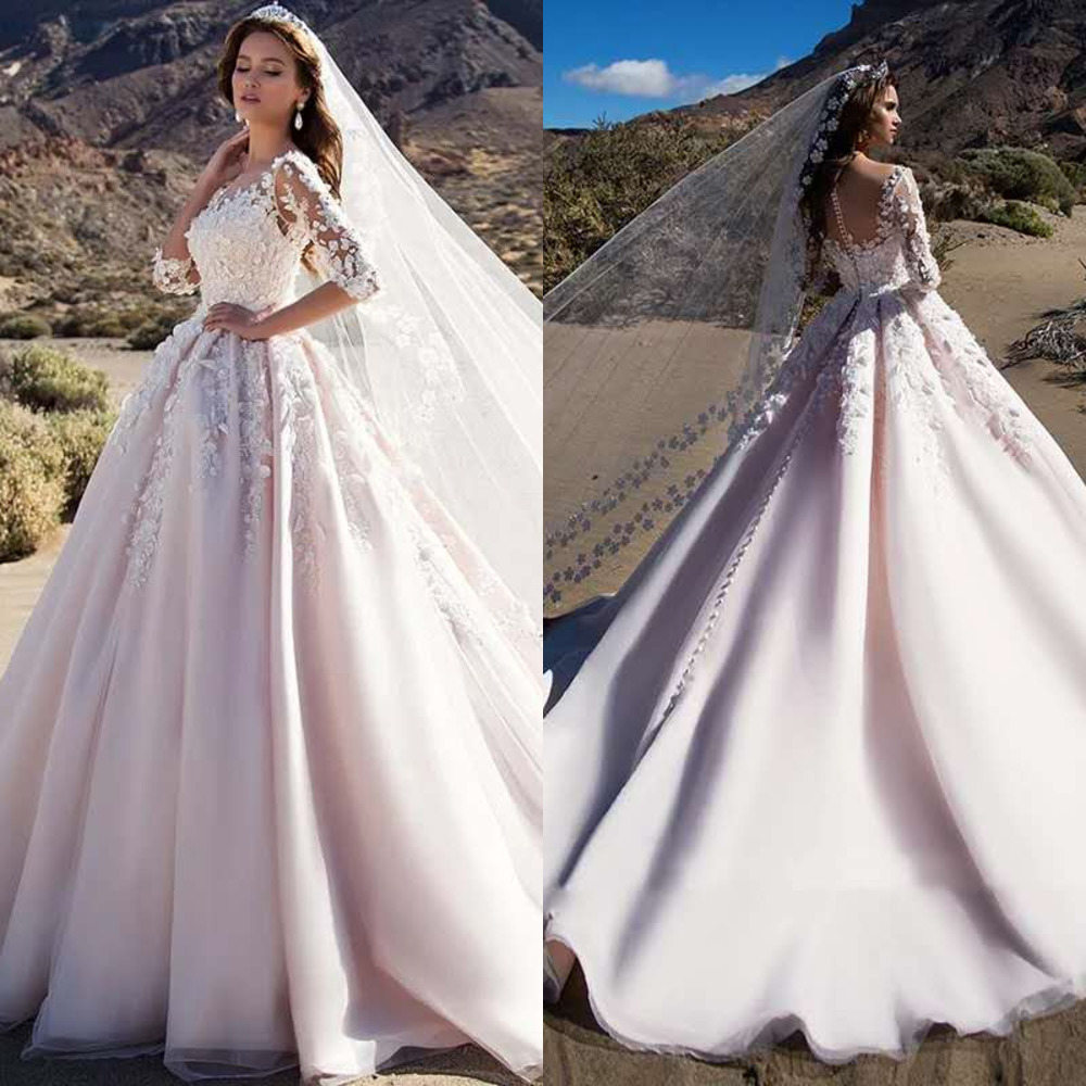 

Wedding Dresses A-Line 2020 Long Sleeve Princess Bride Dress Romantic Scoop 3D Bead Flower Vintage Gown Vestido De Noiva mariage, White