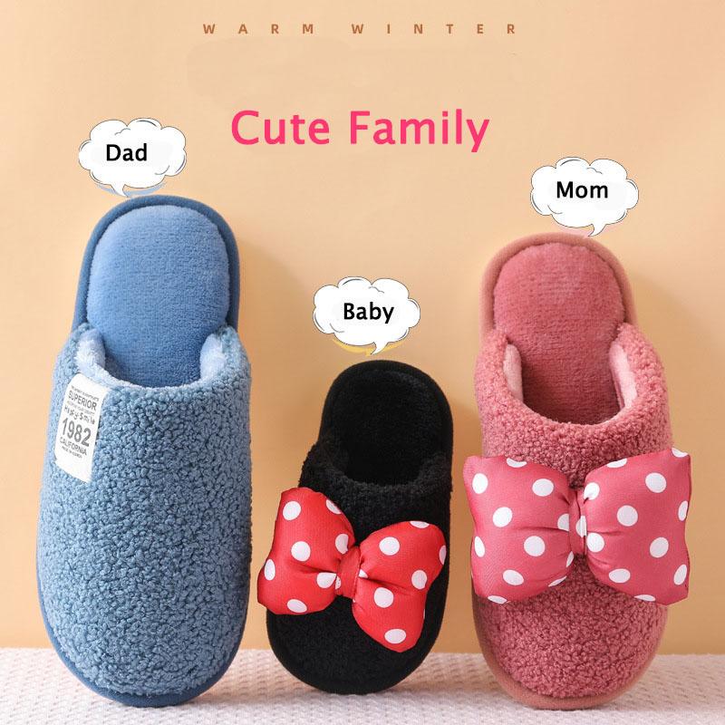 

Winter Parent-child Slippers Home Cotton Plush Women Man Shoes Indoor Floor Flat Baby Girls Lovely Bowknot Slipper, Black;grey