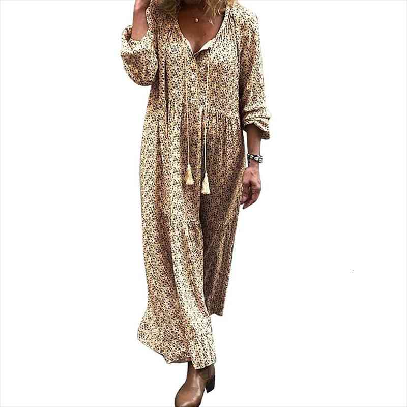 

apparel plus size dress women bohemian v neck floral print tassel drawstring long sleeve dresses women mom, Black;gray