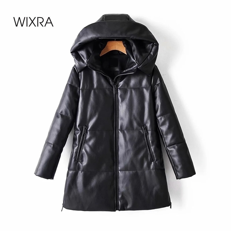 

Wixra Solid PU Leather Cotton Jacket Hooded Womens Fashion Leather Long Coats Ladies Waterproof Thick Jackets Female Winter, Black