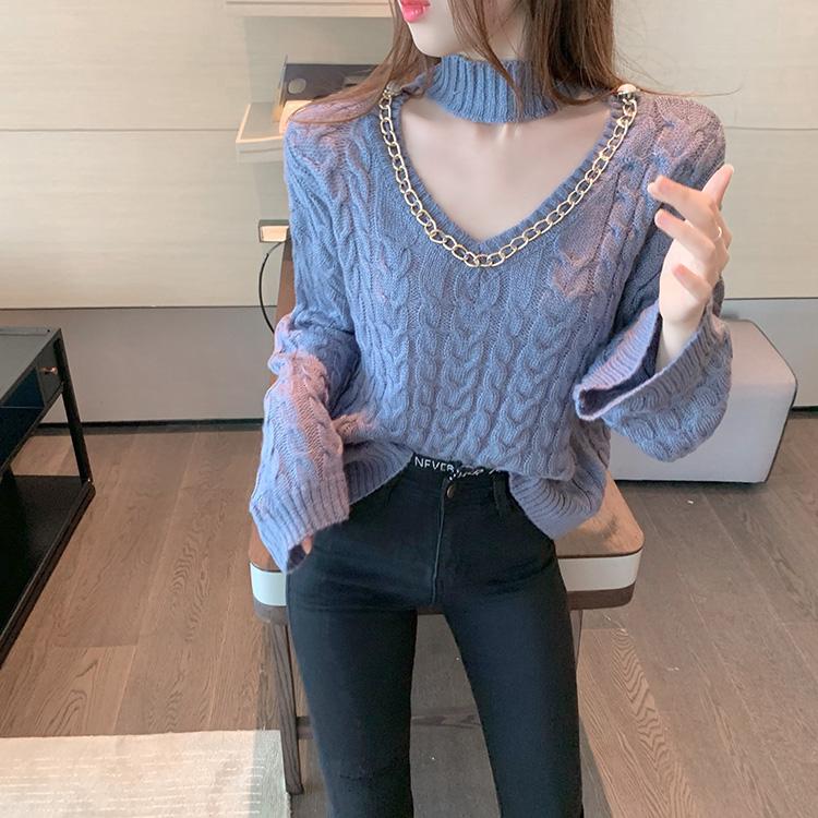 

Women' Sweaters Women Casual Hollow Out Knitted Sweater Long Sleeve V Neck Solid Loose-fitting High Street Warm Pullover 2021 Winter, Blue