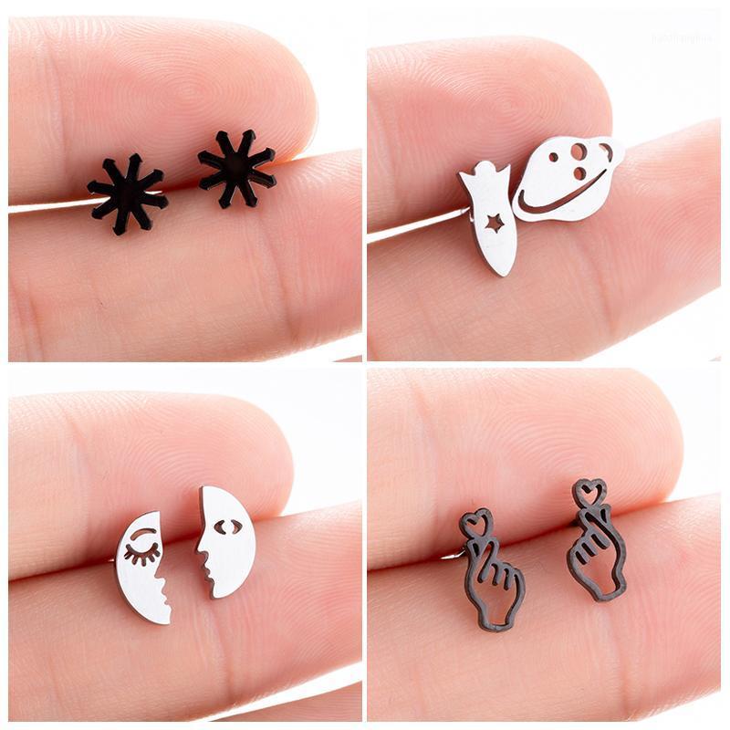 

Stud Hfarich Snowflake Rocket Moon Show-love Stainless Steel Earrings For Women Child Fashion Jewelry 4 Pairs, Golden;silver
