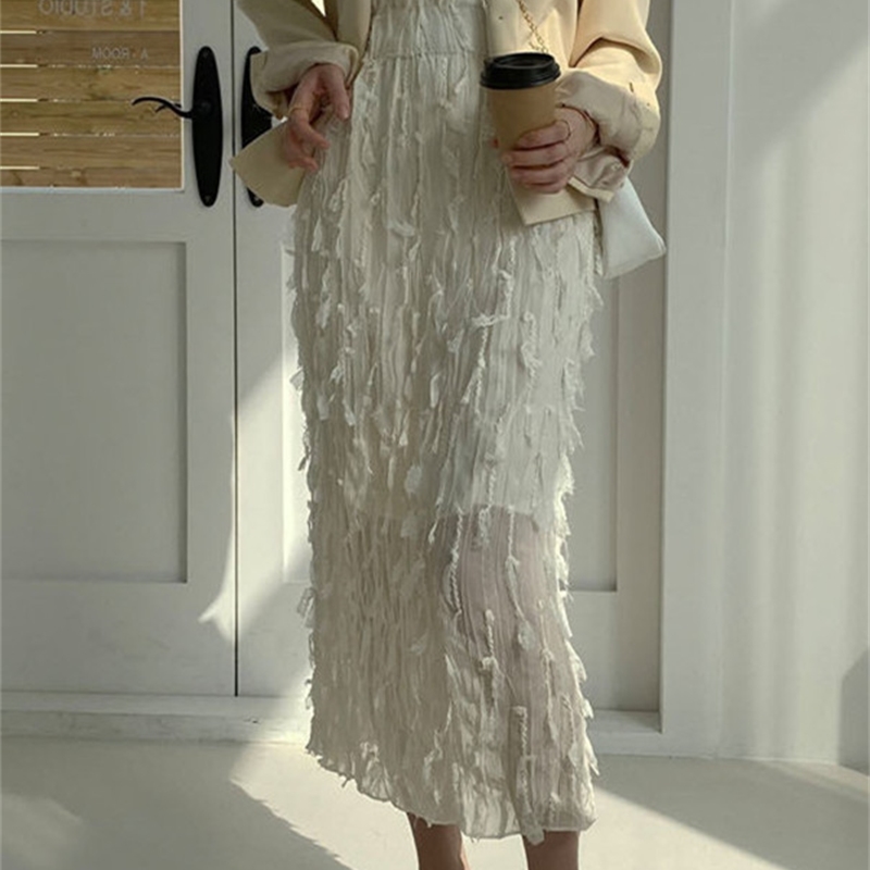 

Summer Korean Tassels Women Long Skirts High Elastic Waist Straight Midi Skirt Fashion Office Elegant Ladies Falda 210518, White