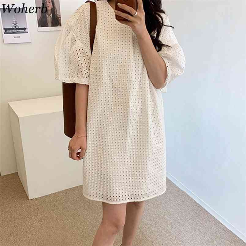 

Korean Solid Women Hollow Dress Summer Puff Sleeve O-neck Casual All Match Mini Dresses Fashion Vintage Vestidos 210519, Creamy-white