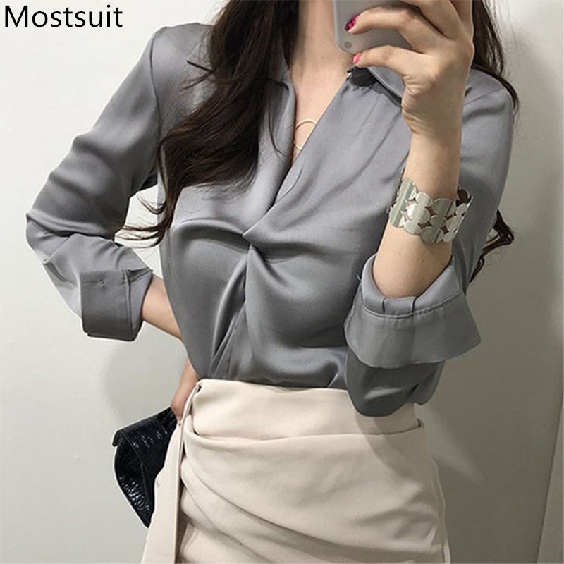 

Spring Fashion Designer Knotted Korean Shirts Blouses Women Long Sleeve V-neck Solid Elegant Office Female Tops 210518, Black