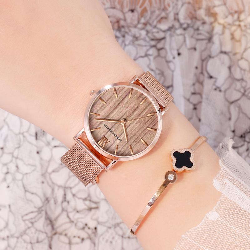 

Wristwatches Waterproof Wood Grain Women's Watch Gold Stainless Steel Japanese Movement Fashion Trend Simple