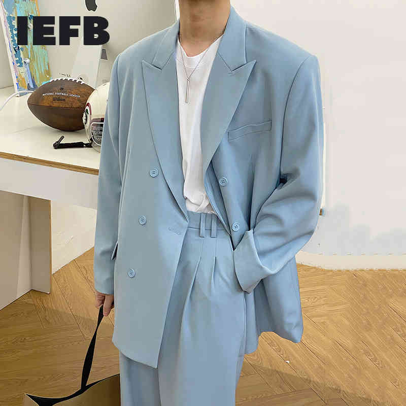 

IEFB Spring Men's Casual Suit Coat Korean Streetwear Fashion Nochted Collar Long Sleeve Oversized Blue Blazers 9Y6936 210524, Blue suit