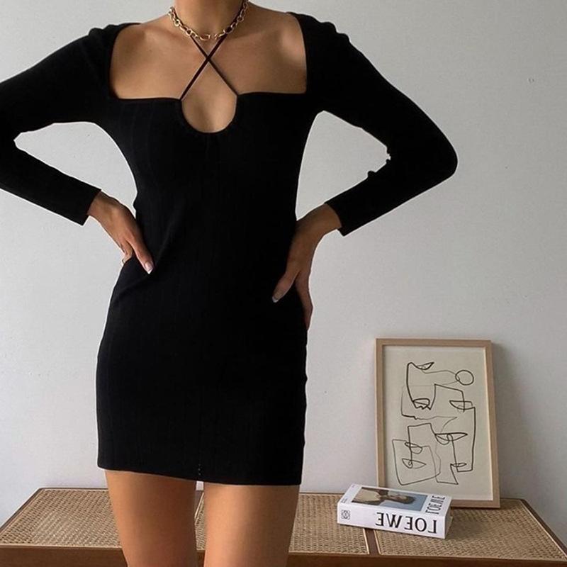 

Casual Dresses 2021 European Style Autumn Slim High Waist Hip Party Dress Fashion Neck Mounted Long Sleeve Elegant For Women, Black