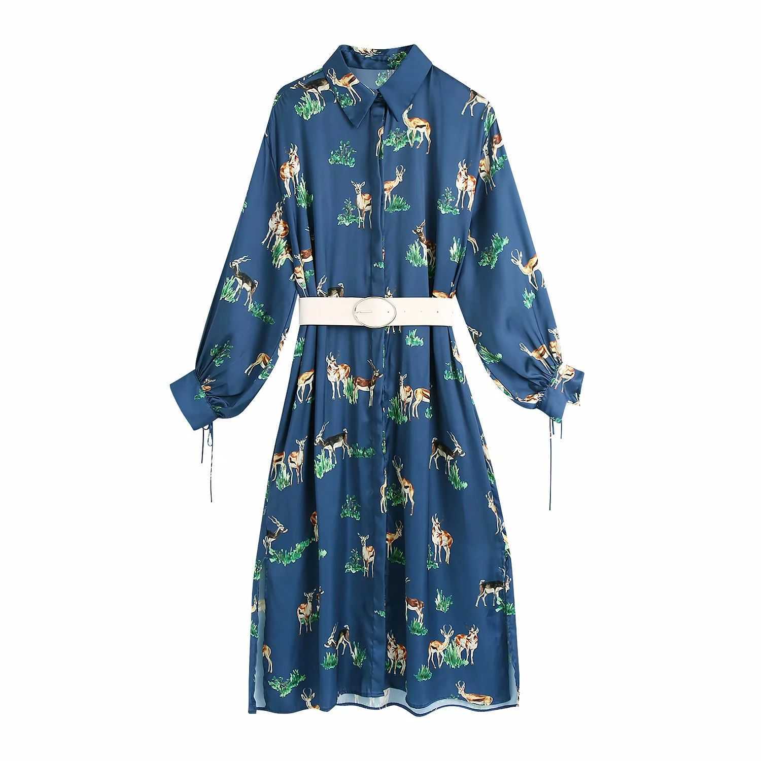 

Women Satin Printed Dress With Belt Long Sleeves Midi Dress Vintage Elegant Lady Chic Long Woman Dresses 210709, As picture