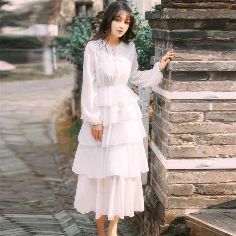 

Elegant Chiffon Long Dress Woman White Ruffles Evening Party eswoman High Waisted O-neck Autumn Vintage Female 210603