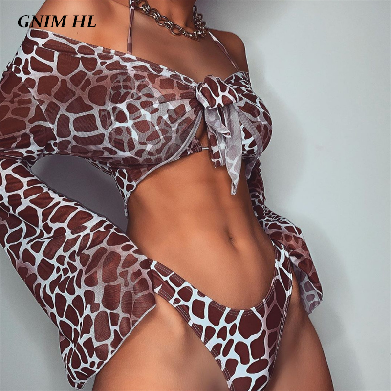 

GNIM Long Sleeve Mesh Bikini Swimwear Women Three Pieces 2021 Leopard Swimsuit Female Summer Sexy Bathing Suit Brazilian Biquini