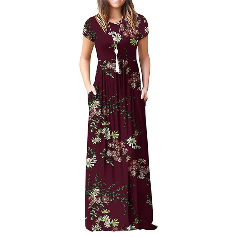

GULE Short Sleeve Summer Pleated Empire Waist Round Neck Floral Maxi Long Pockets Dress 210329, Red flower