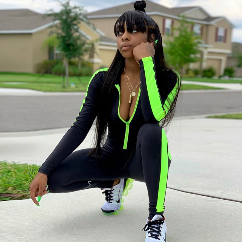 

2021fashion fitness jumpsuit women casual elastic skinny long romper 2021 new side striped patchwork turtleneck bodysuit, Black;white