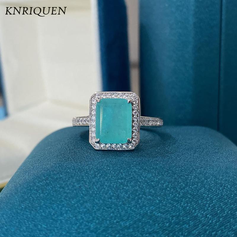 

Cluster Rings Charms 100% 925 Sterling Silver 8*10mm Paraiba Tourmaline Blue Stone Aquamarine Diamond Wedding Engagement Stamp For Girls, Golden;silver