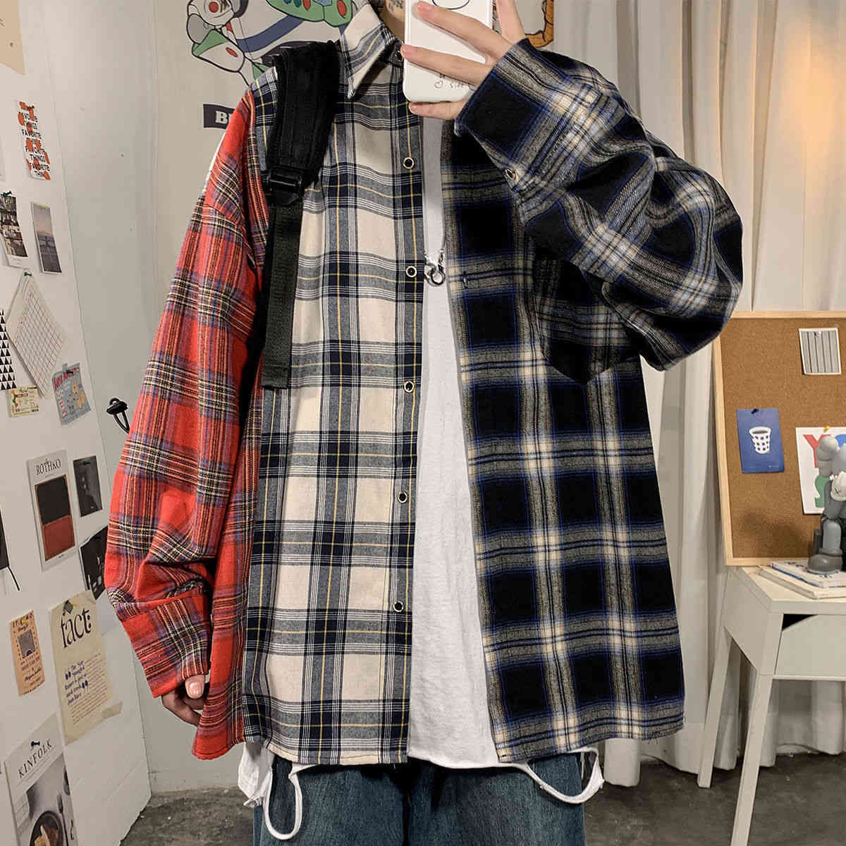 

Men's Casual Shirts Privathinker men's long-sleeve plaid shirt, girl's hip hop style casual size big, urban Korean clothes 0VHU, 1# shoe box
